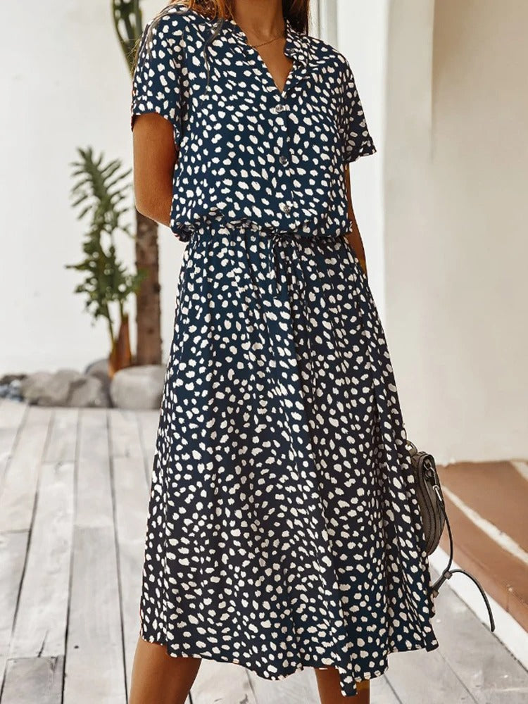 Printed Short Sleeve Drawstring Waist Dress