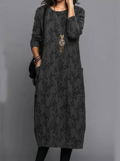 Loose Round Patterned Long Pocketed Straight Dress