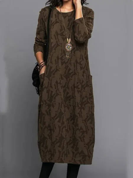 Loose Round Patterned Long Pocketed Straight Dress