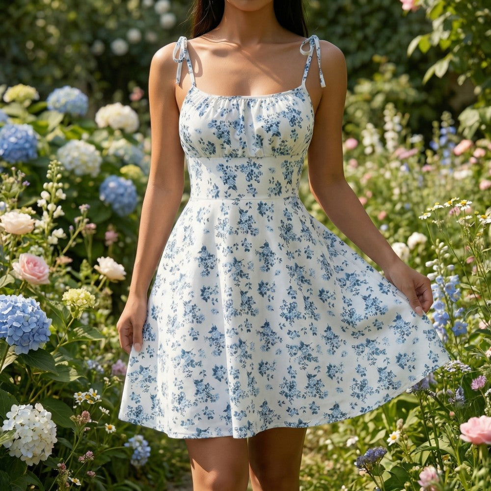 Floral Sleeveless Strappy Ruched Flared Short Dress