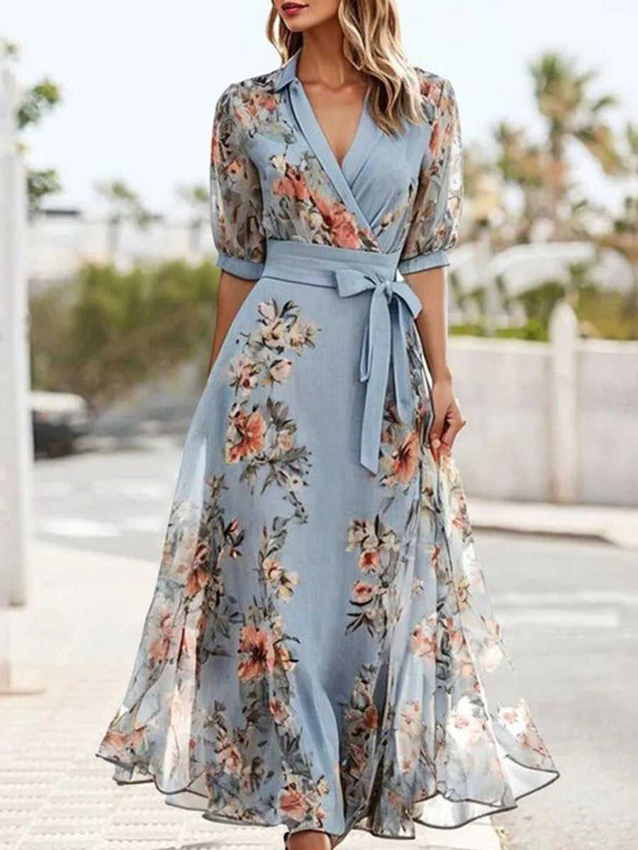 Floral Collared Wrap Belted Flared Maxi Dress