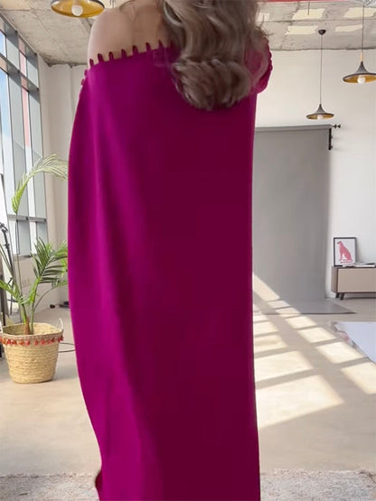 Button Trim Asymmetric Off Shoulder Slit Maxi Dress