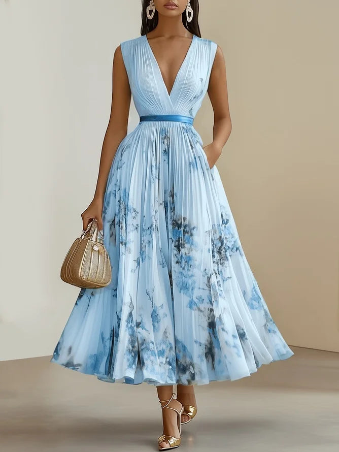 Deep V Neck Pleated Printed Dress