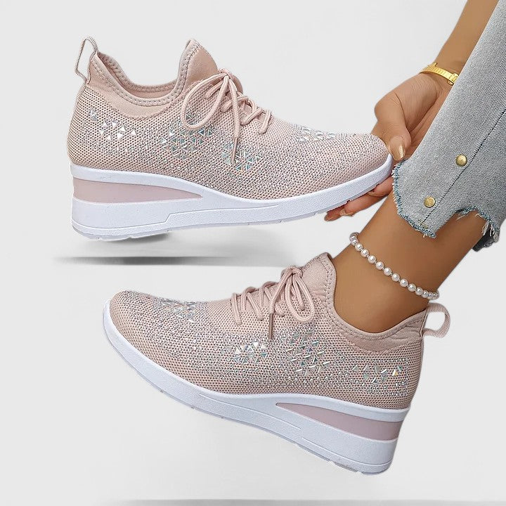 Rhinestone Mesh Lace-Up Wedge Sneakers