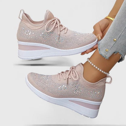 Rhinestone Mesh Lace-Up Wedge Sneakers