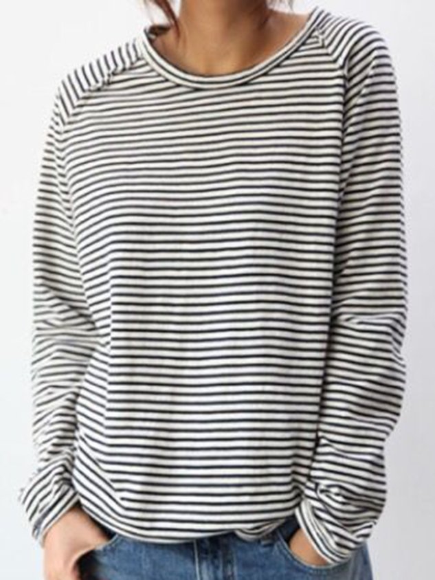 Crew Neck Long Sleeve Striped Sweatshirt For Women