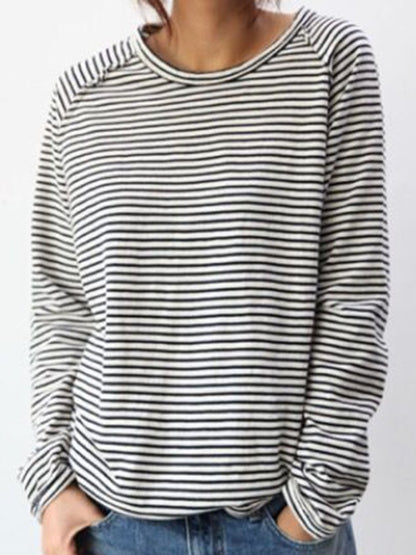 Crew Neck Long Sleeve Striped Sweatshirt For Women