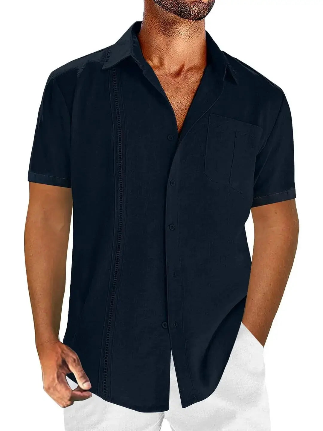 Buttoned Pocketed Textured Curved Plain Shirt