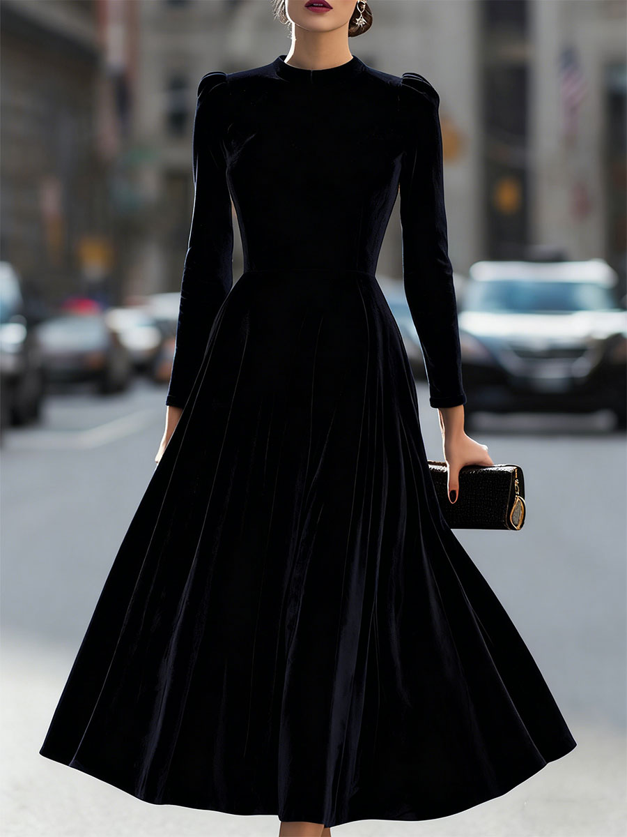 Round Neck Puff Sleeve A Line Dress