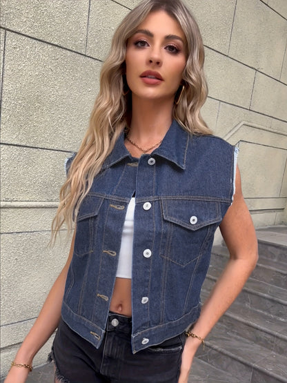 Sleeveless Cropped Buttoned Collared Pocketed Frayed Jacket