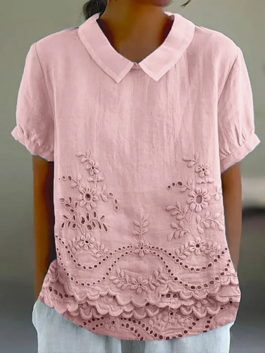 Embroidered Eyelet Scalloped Peter Pan Collar Shirt