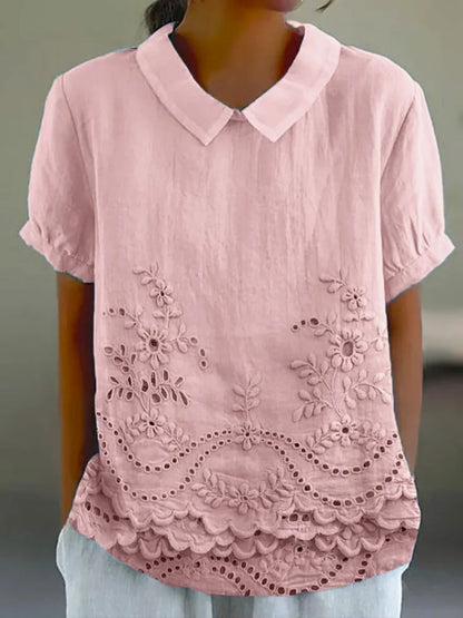Embroidered Eyelet Scalloped Peter Pan Collar Shirt