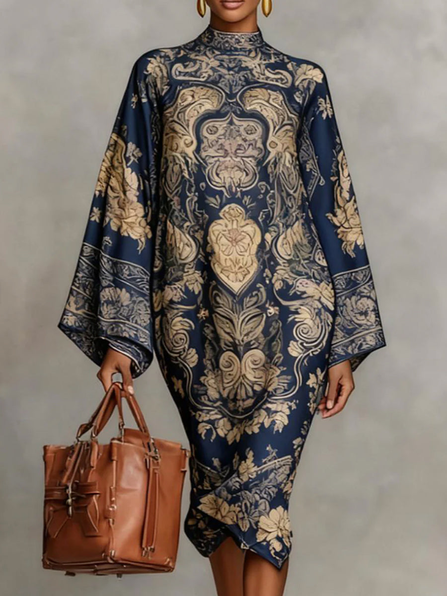 Long Sleeve Loose Mock Neck Midi Dress