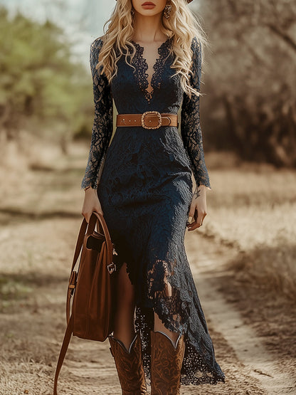 Plunging Scalloped Fitted Long Asymmetric Maxi Dress