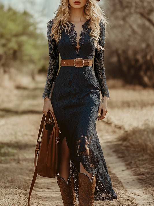 Plunging Scalloped Fitted Long Asymmetric Maxi Dress