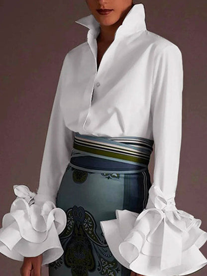 Tiered Ruffle Cuff Button Up Blouse
