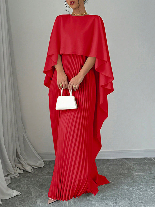 Cape Layered Pleated Round High Maxi Dress