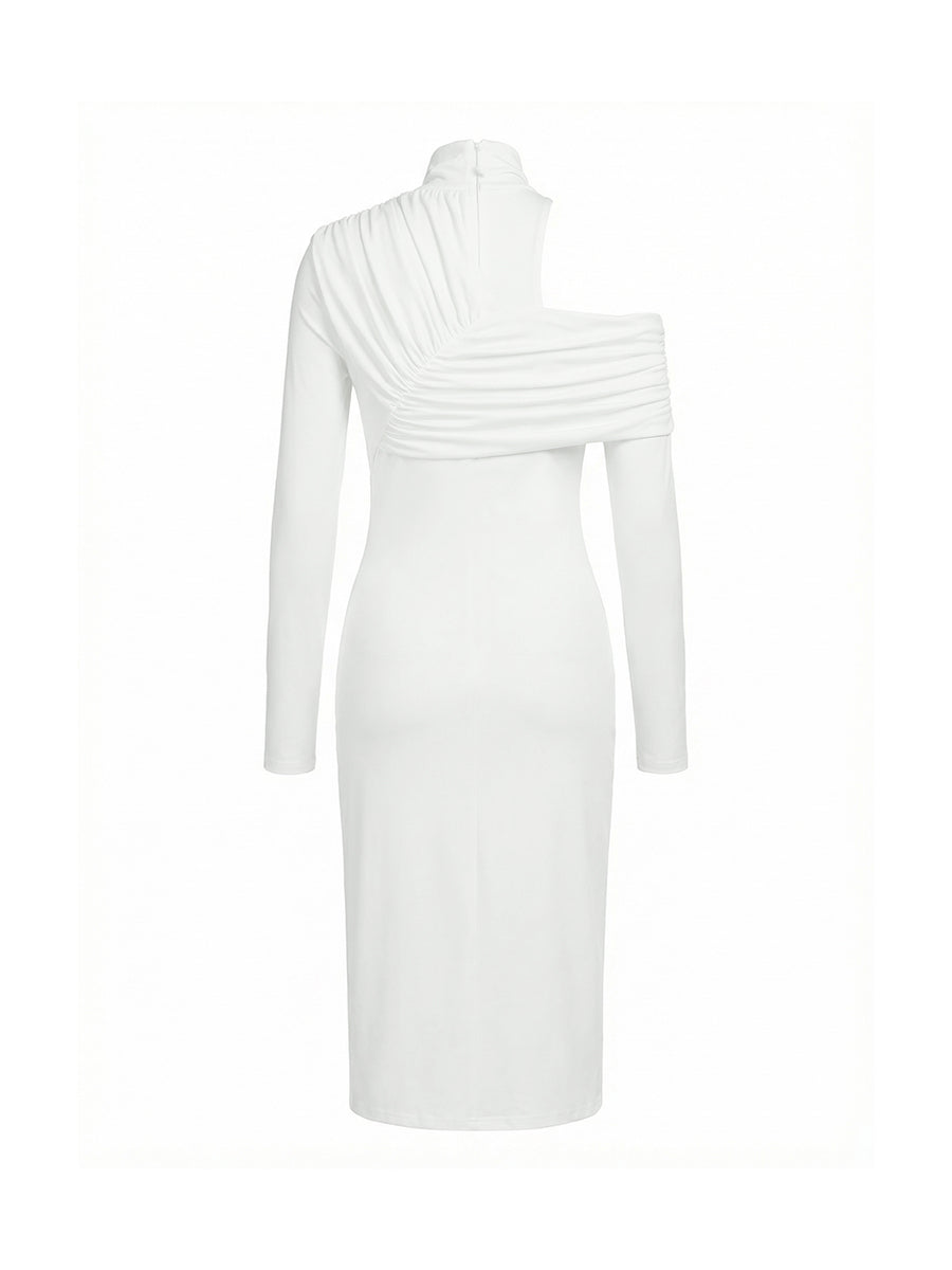 Asymmetrical Ruched High Neck Slit Maxi Fitted Dress