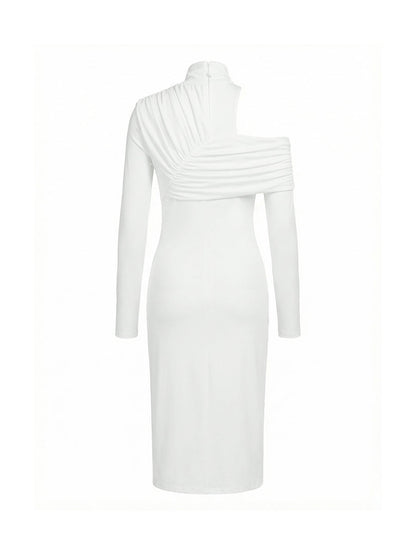 Asymmetrical Ruched High Neck Slit Maxi Fitted Dress