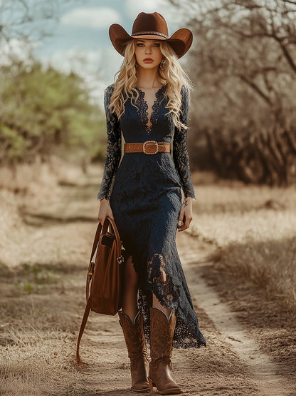 Plunging Scalloped Fitted Long Asymmetric Maxi Dress