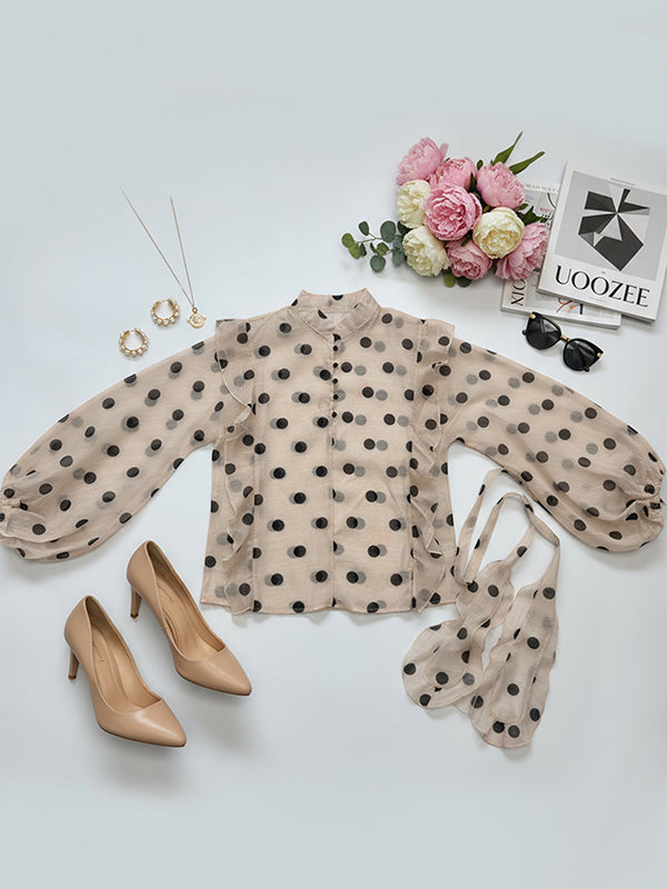 Polka Dot Ruffle Trim Sheer Mock Neck Blouse