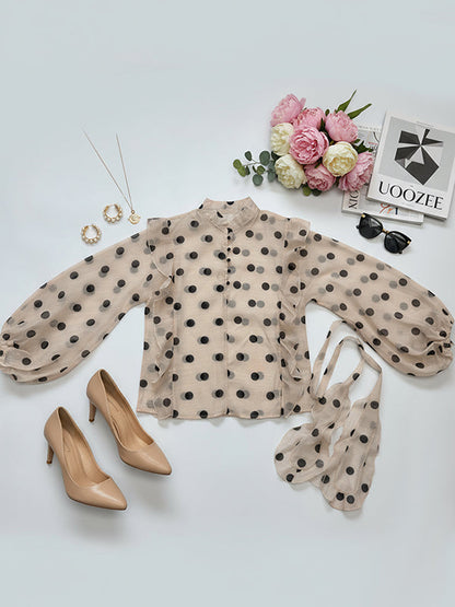 Polka Dot Ruffle Trim Sheer Mock Neck Blouse