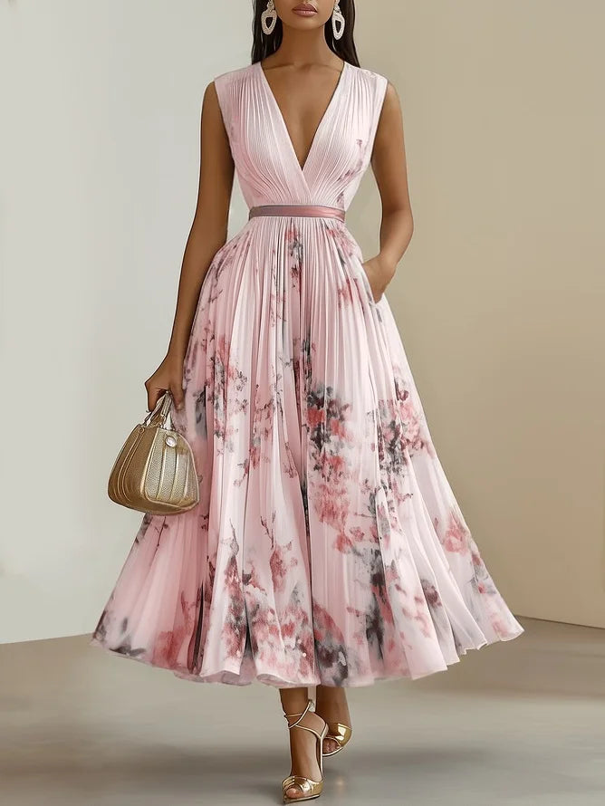 Deep V Neck Pleated Printed Dress