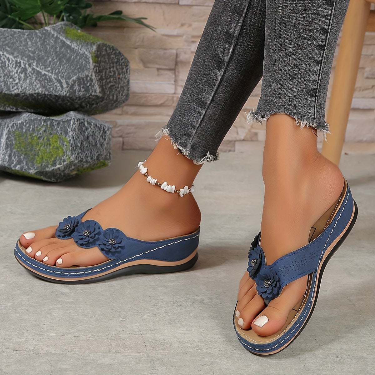 Flower Detail Thong Post Platform Sandals