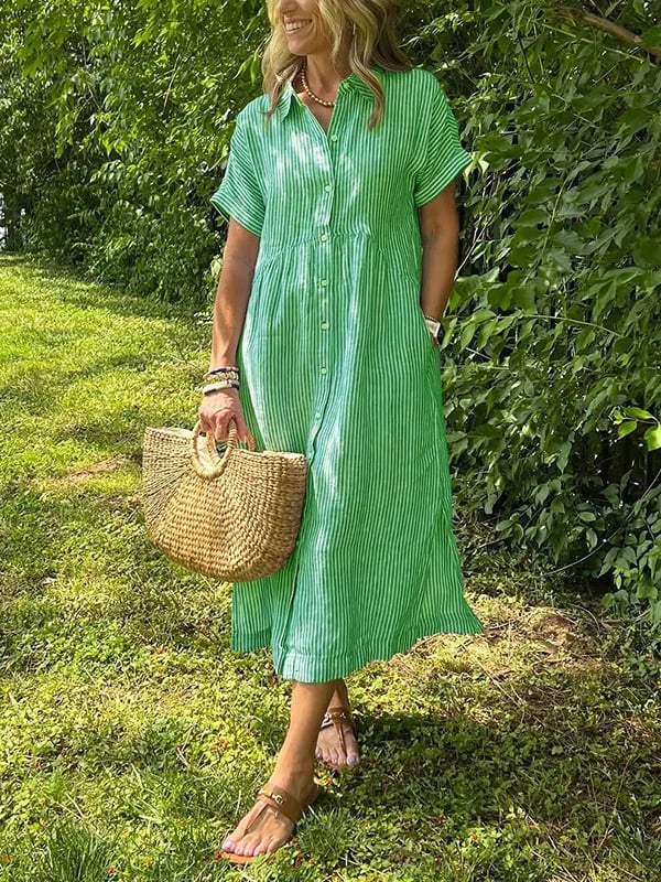 Striped Collared Buttoned Short Sleeved Dress