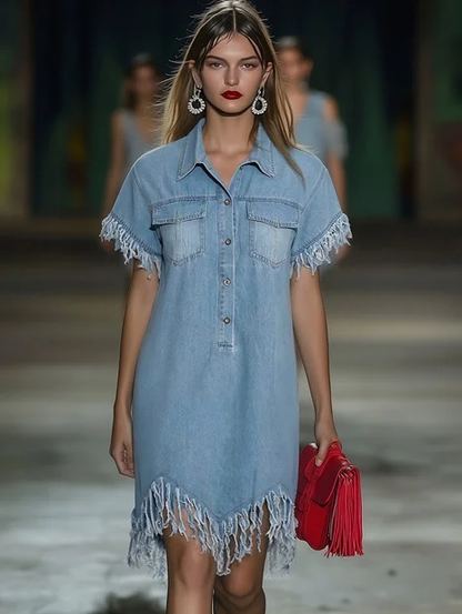 Front Buttoned Fringed Loose Dress