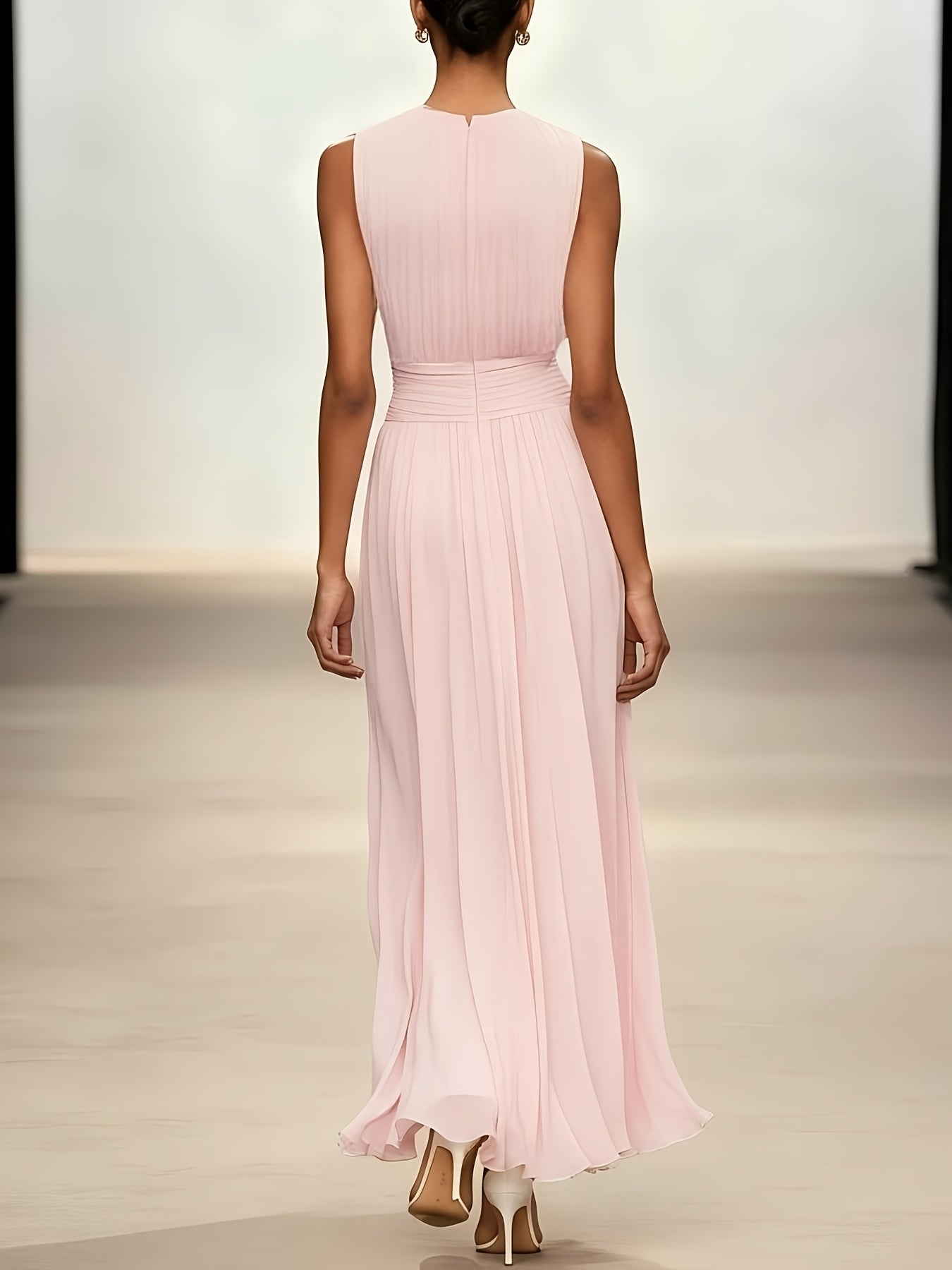 Sleeveless Ruched Waist Pleated Maxi Dress