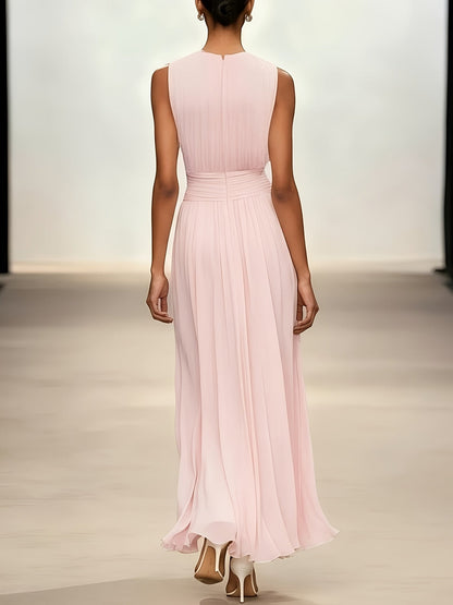 Sleeveless Ruched Waist Pleated Maxi Dress