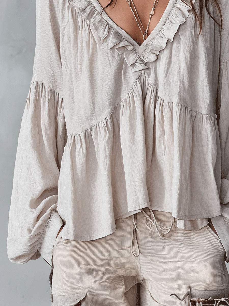 Solid Ruffled V Neck Lantern Sleeve Top
