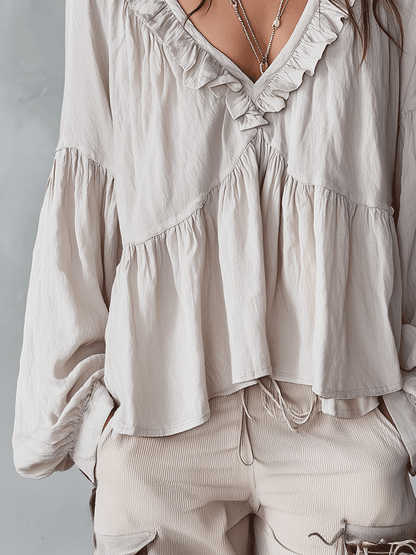 Solid Ruffled V Neck Lantern Sleeve Top