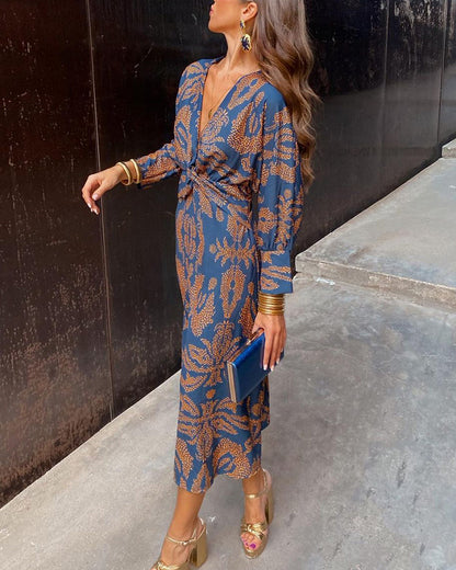 Knotted Plunging Printed Midi Dress