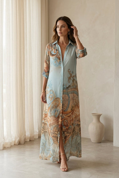 Long Collared Buttoned Loose Printed Straight Dress