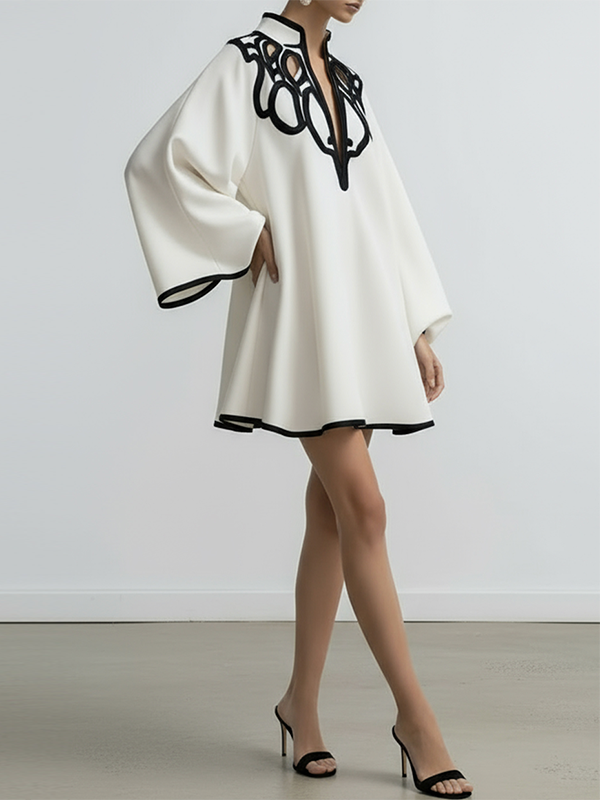Contrast Trim Cutout Neck Flare Sleeve Mini Dress