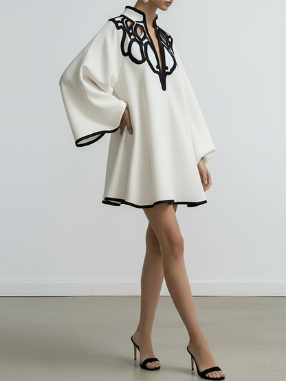 Contrast Trim Cutout Neck Flare Sleeve Mini Dress