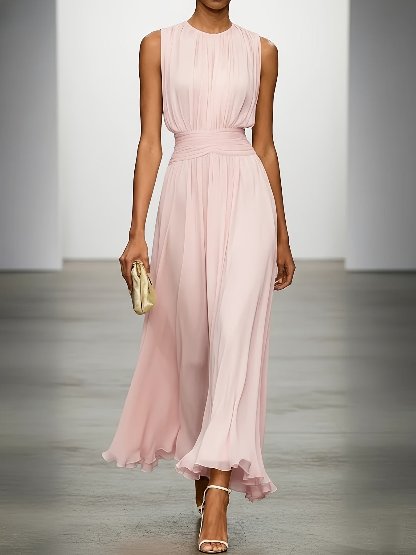 Sleeveless Ruched Waist Pleated Maxi Dress