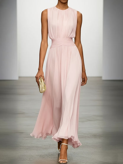 Sleeveless Ruched Waist Pleated Maxi Dress