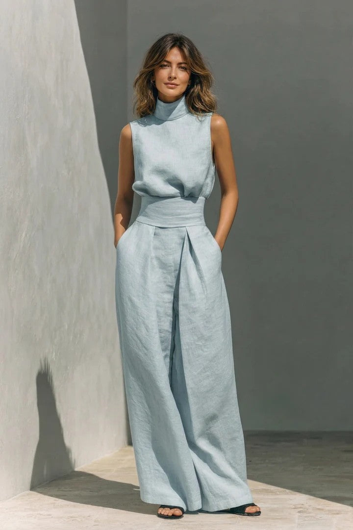 Pleated High-Waist Two-Piece Set Pocketed