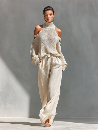 High Neck Cutout Shoulder Knitted Set