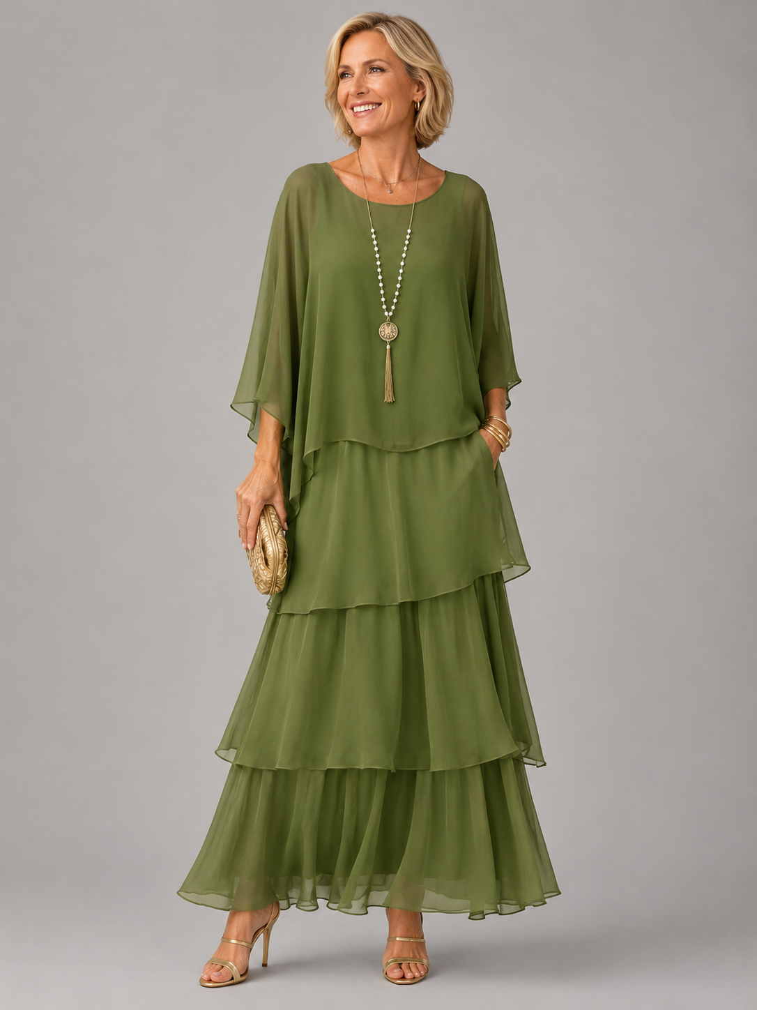 Round Neck Batwing Sleeve Tiered Ruffle Maxi Dress