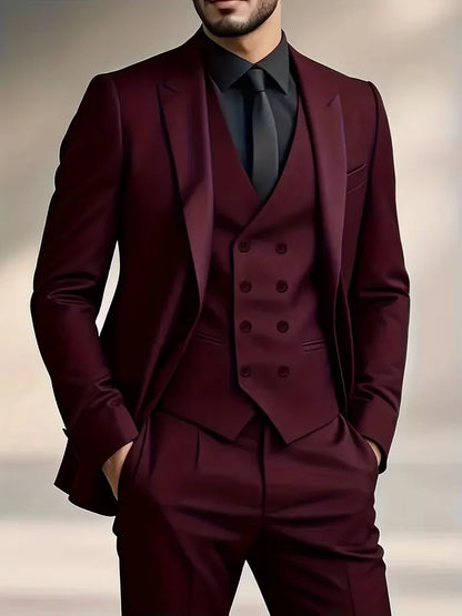 Peak Lapel Double-Breasted Vest Three-Piece Suit Set For Men