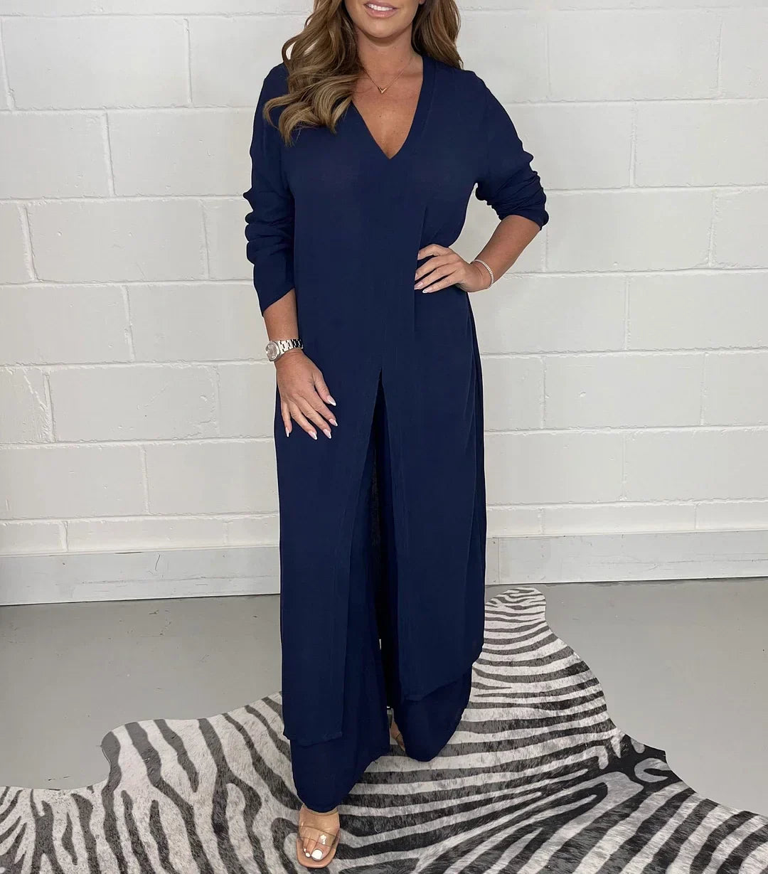 Long Sleeve V Neck Slit Set