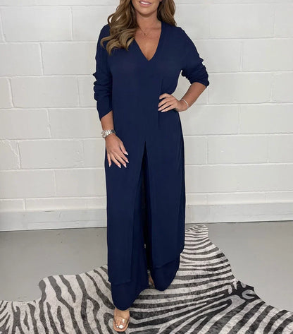 Long Sleeve V Neck Slit Set