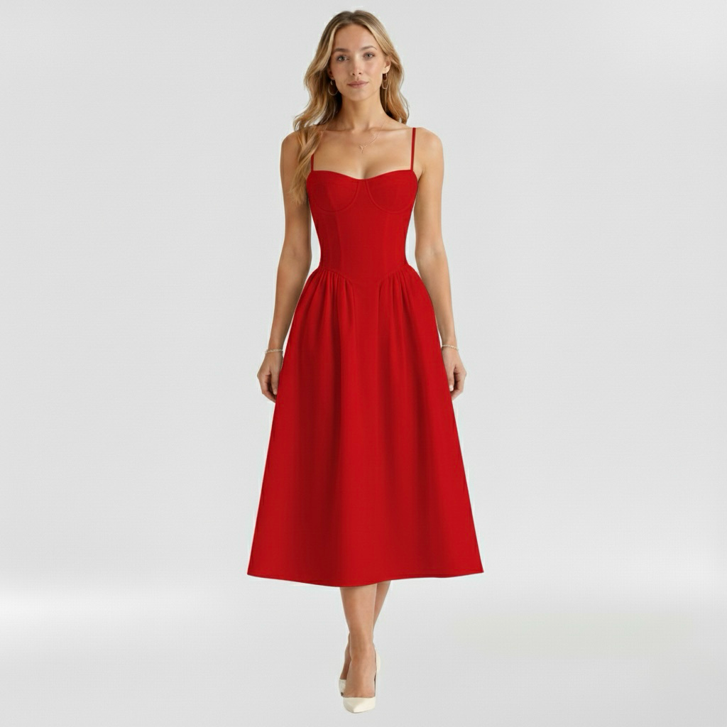 Corset Structured Sleeveless Paneled Gathered Midi Dress