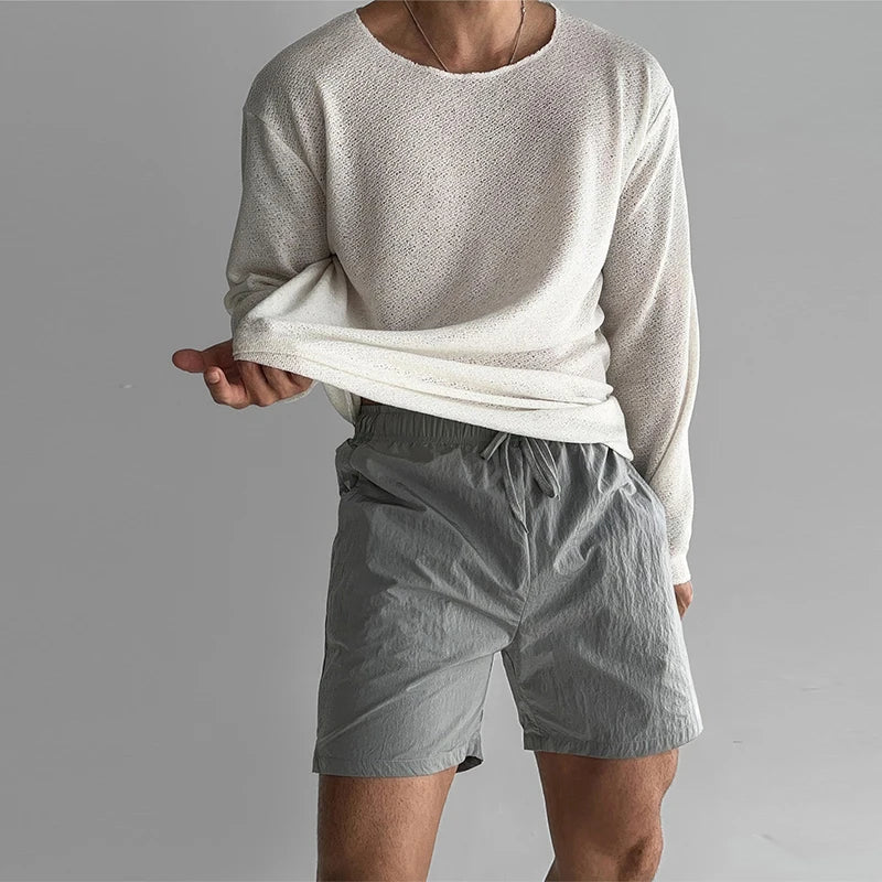Men's Crew Neck Long Sleeve Loose Fit Knit Shirt