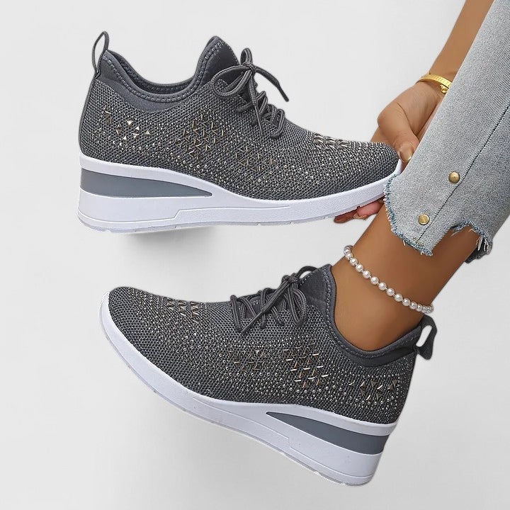 Rhinestone Mesh Lace-Up Wedge Sneakers