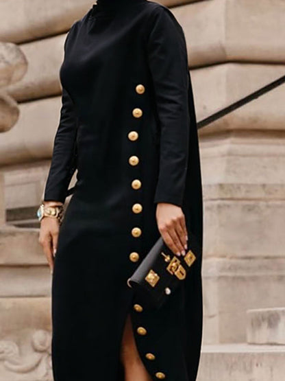 Buttoned Mock Neck Long Sleeve Slit Dress